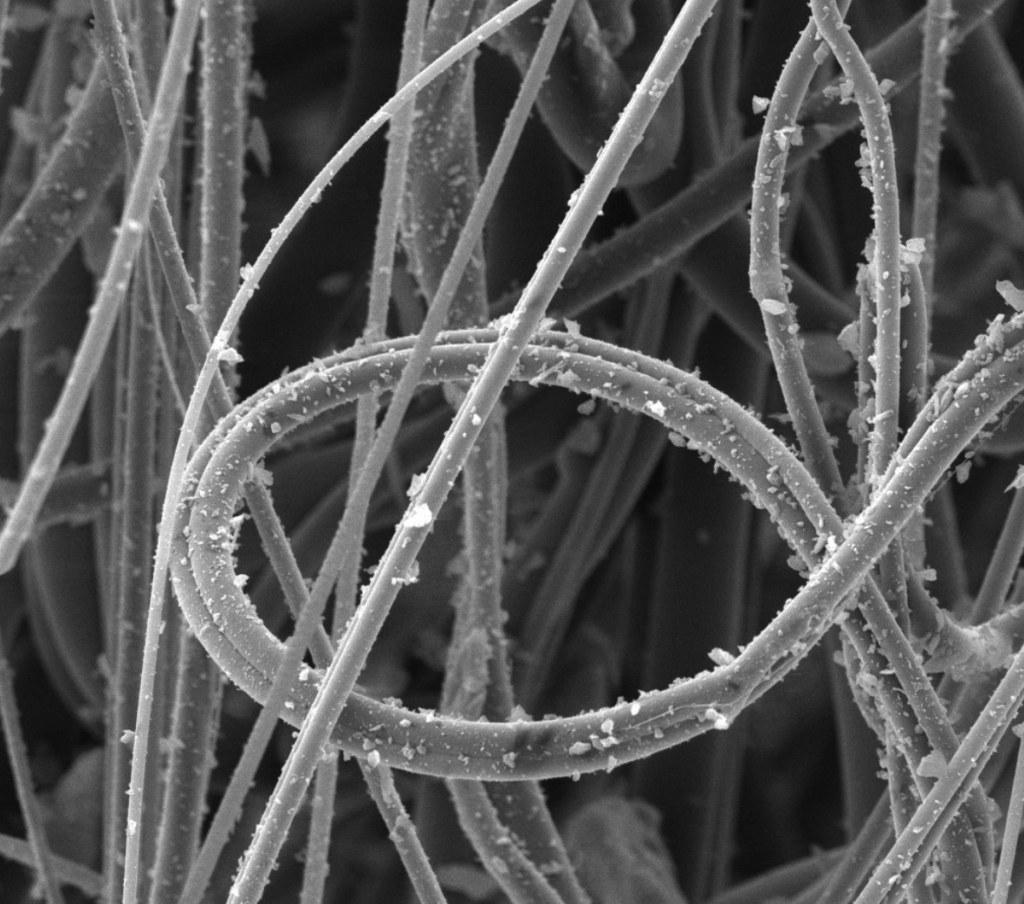 Polymer microfibers with active carbon particles.