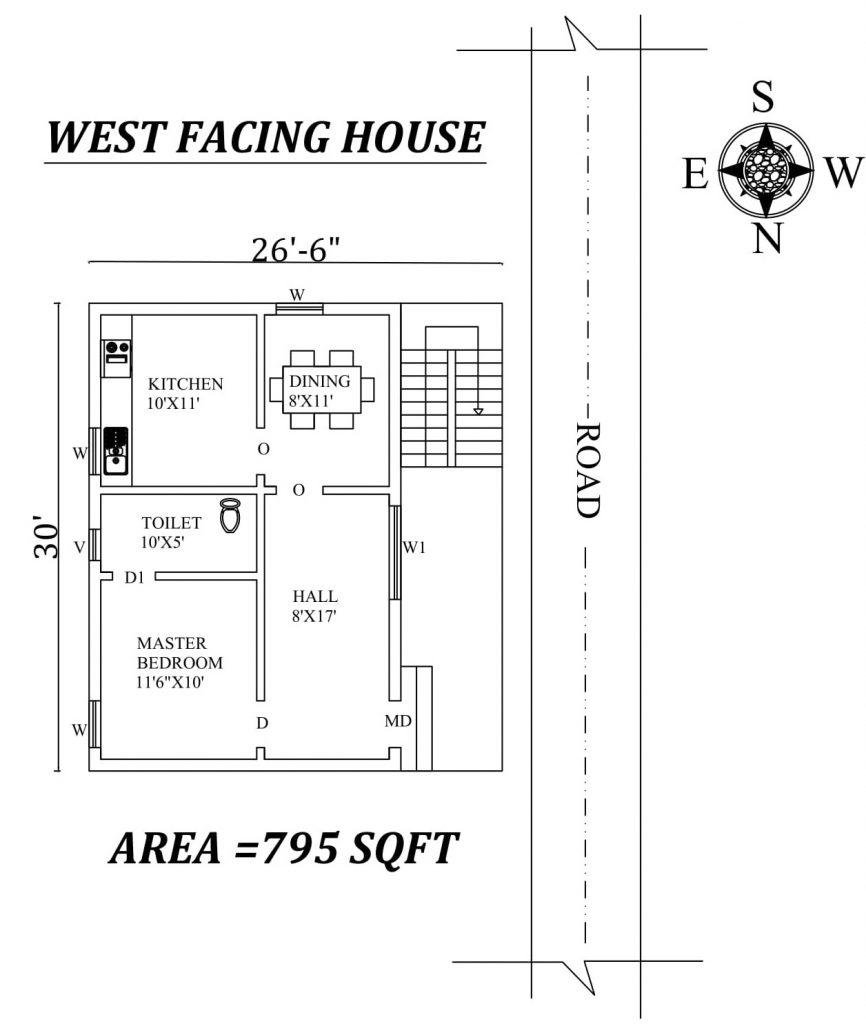 26'6"x30' Single bhk West facing House Plan