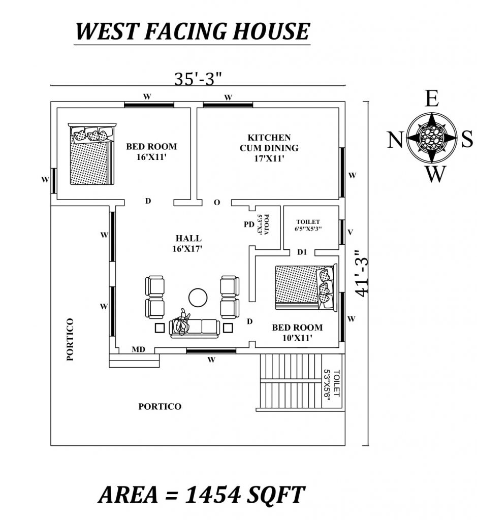 35'X41' Marvelous Furnished 2bhk West facing House Plan