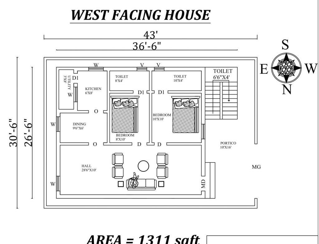 36'6" X26'6" Marvelous 2bhk West facing House Plan