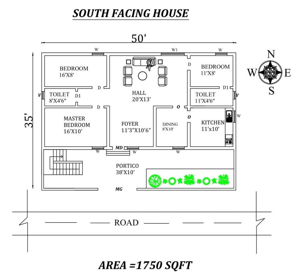 50'x35' South facing 3BHK House plan 