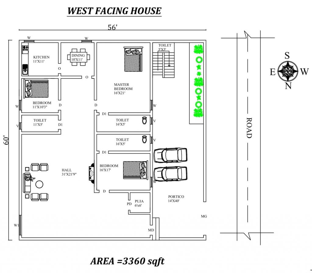 56'X60' Fully Furnished 3bhk West facing House Plan