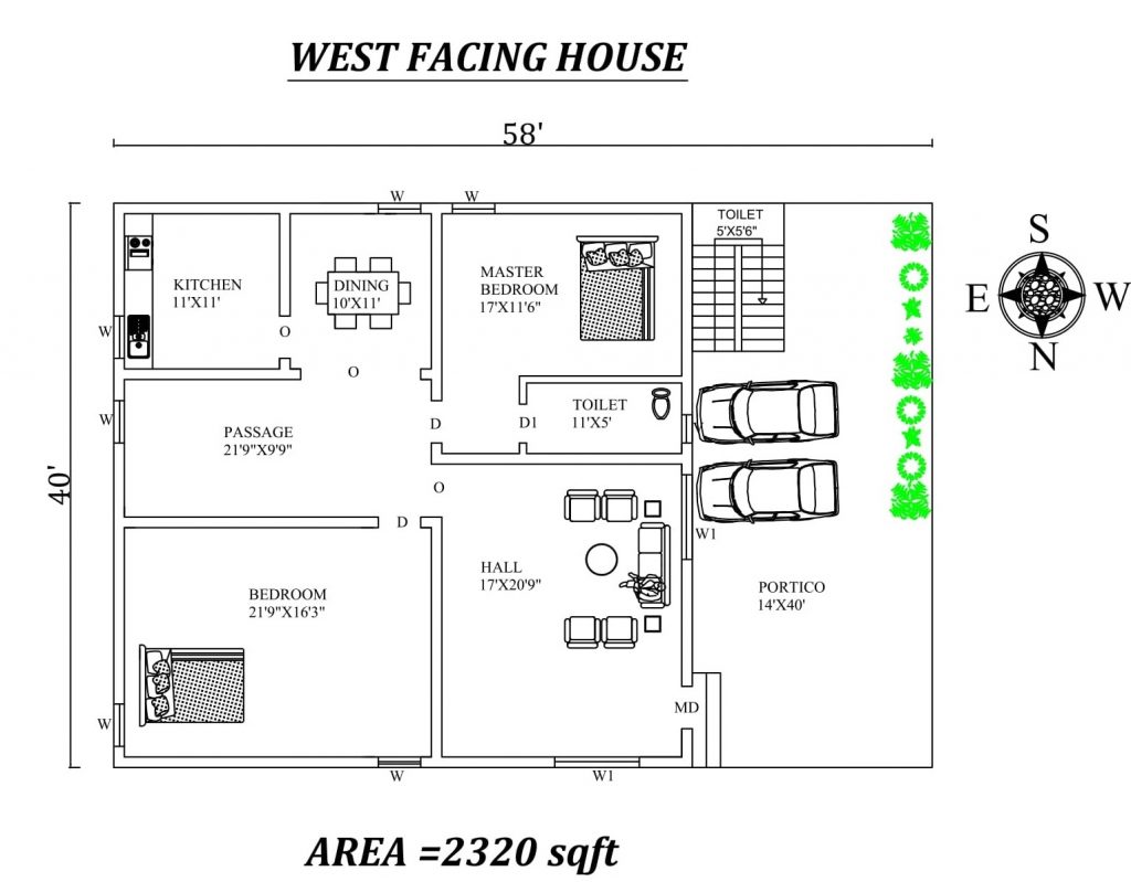 58'x40' 2 BHK west facing house plan