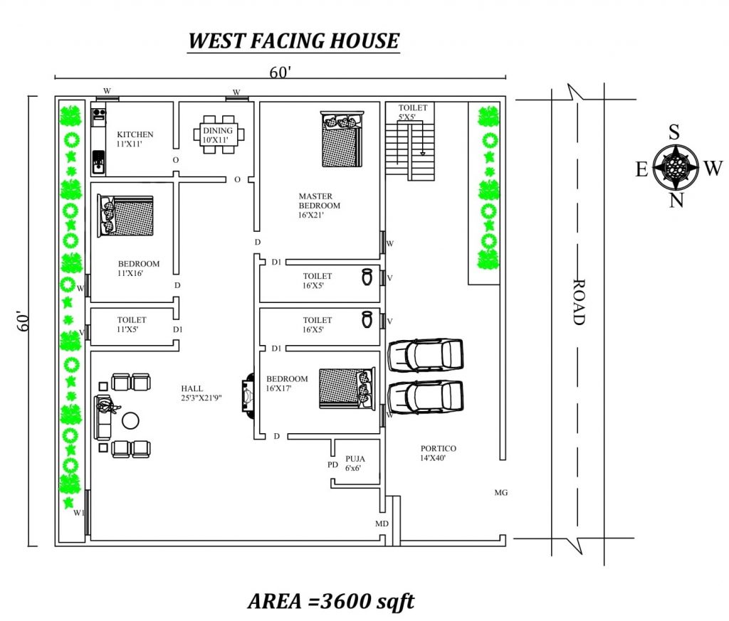 60'x60' Furnished 3BHK West Facing House Plan