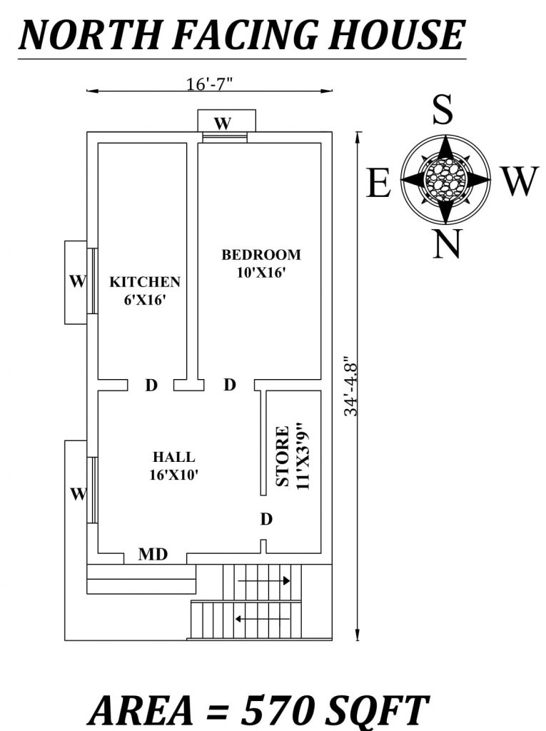 16'7"x34' single bhk north-facing House Plan