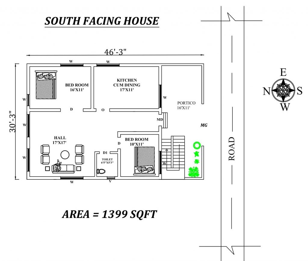46'x30' 2BHK South facing house plan 